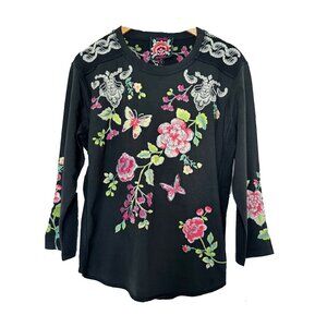 Johnny Was Maddy Contrast Seam Tee Cotton Floral Embroidered Shirt Black Top NEW